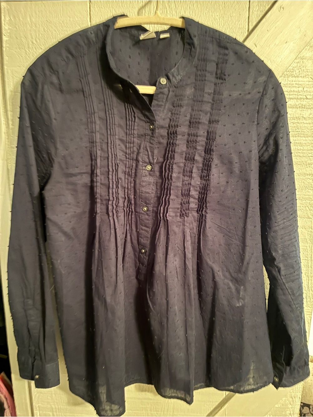 Gap sz M Swiss dot pin tuck navy sheer button up blouse
